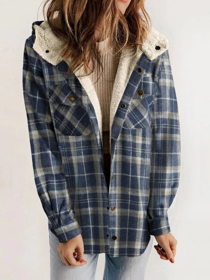 Women's Oversized Hooded Sherpa Lined Plaid Shacket 4