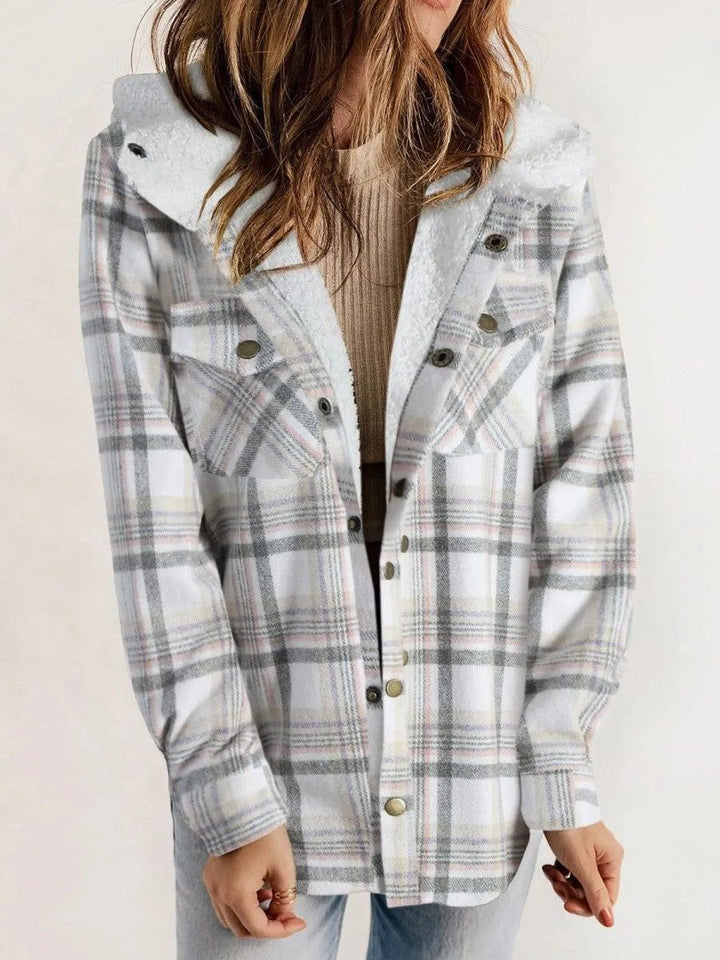 Women's Oversized Hooded Sherpa Lined Plaid Shacket 5