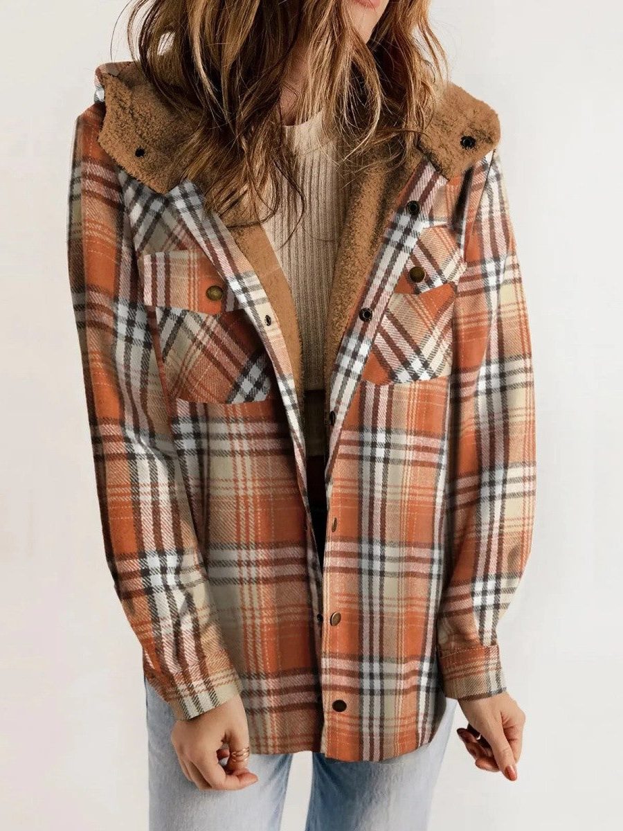 Women's Oversized Hooded Sherpa Lined Plaid Shacket 6