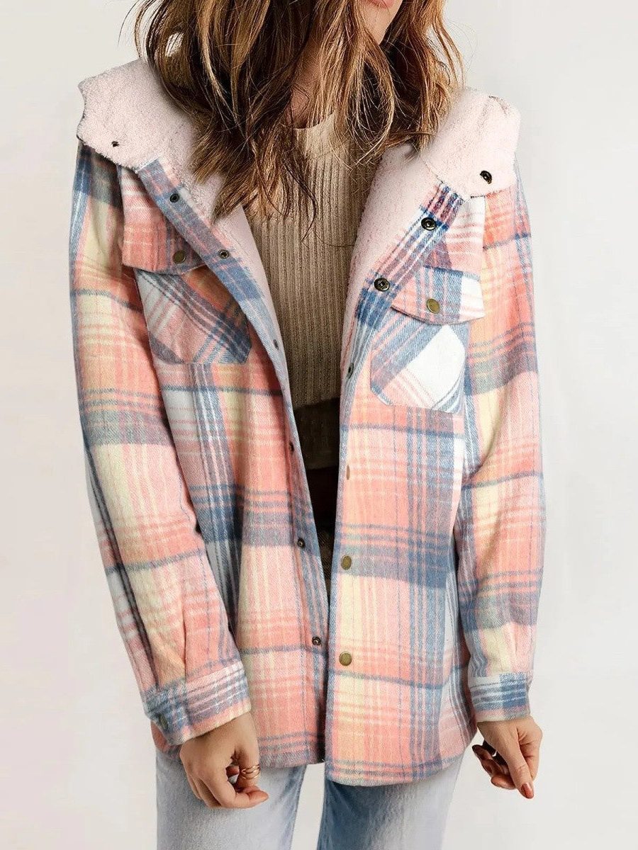 Women's Oversized Hooded Sherpa Lined Plaid Shacket 7