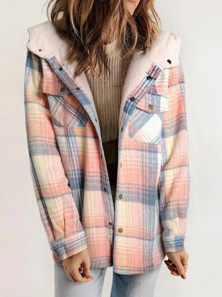 Women's Oversized Hooded Sherpa Lined Plaid Shacket 7