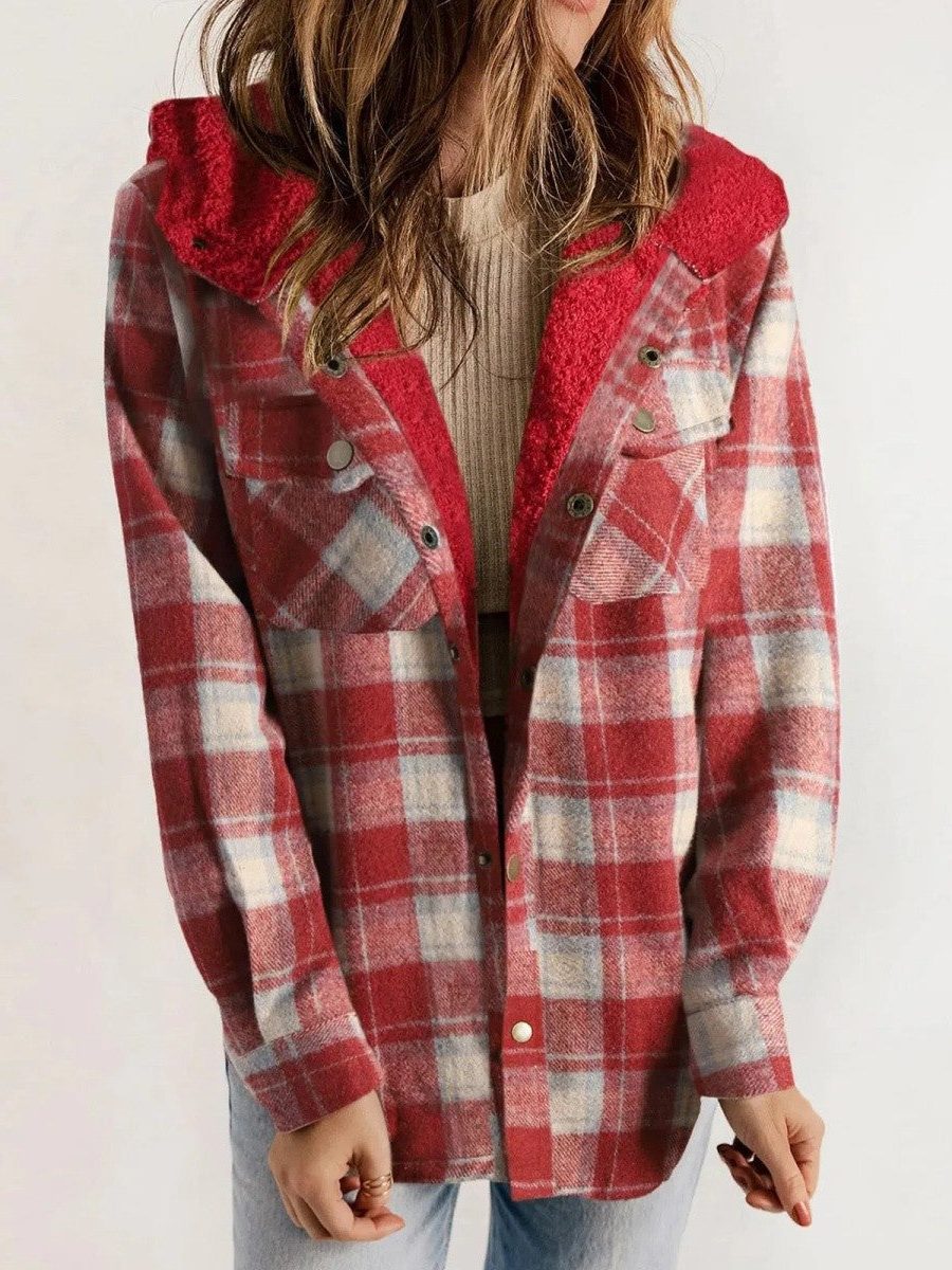 Women's Oversized Hooded Sherpa Lined Plaid Shacket 8