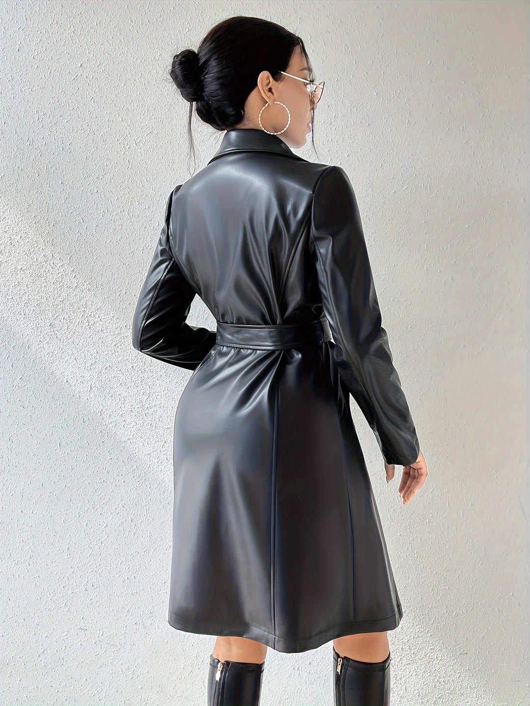 Women's Belted Lapel Collar Leather Look Trench Coat 6
