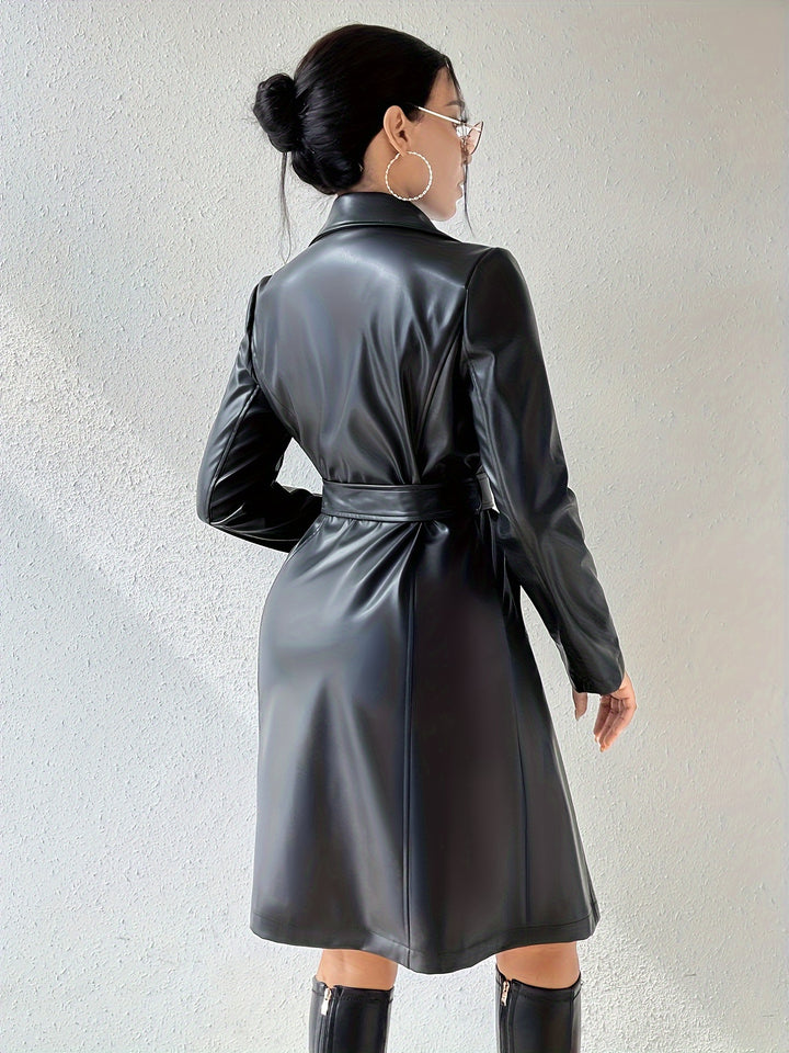 Women's Belted Lapel Collar Leather Look Trench Coat 6