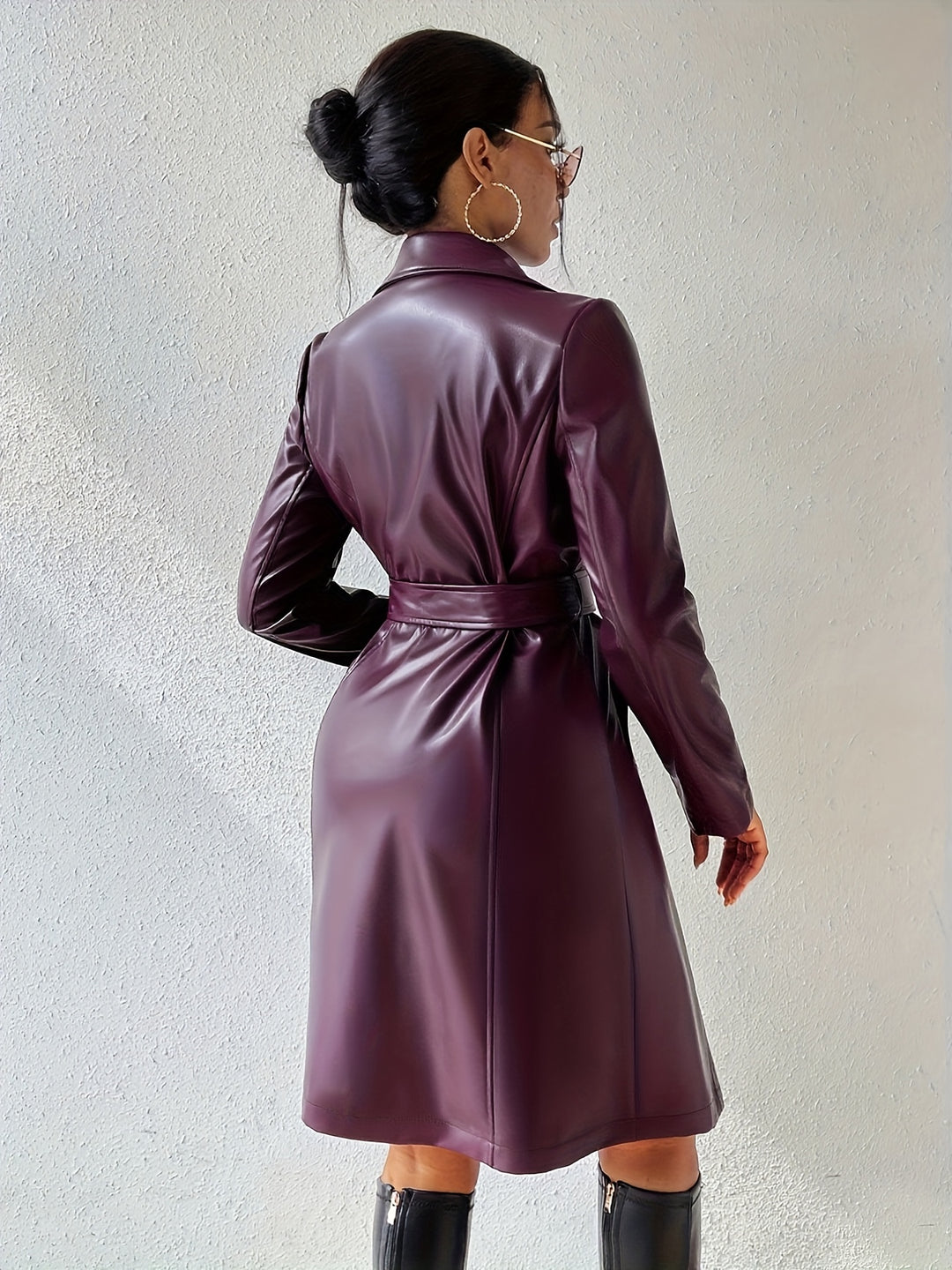 Women's Belted Lapel Collar Leather Look Trench Coat 9