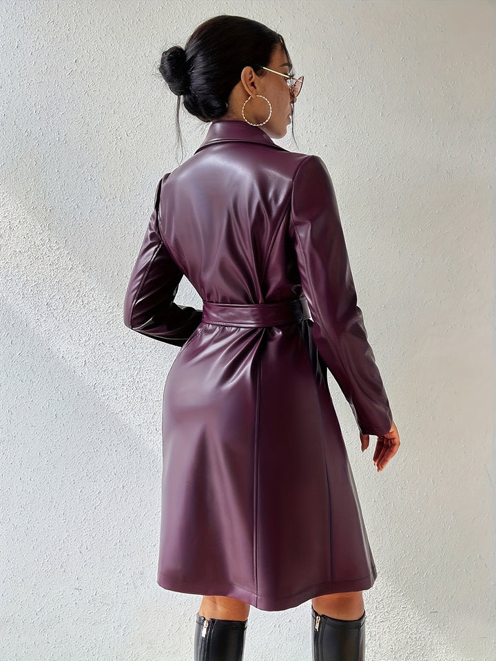 Women's Belted Lapel Collar Leather Look Trench Coat 9