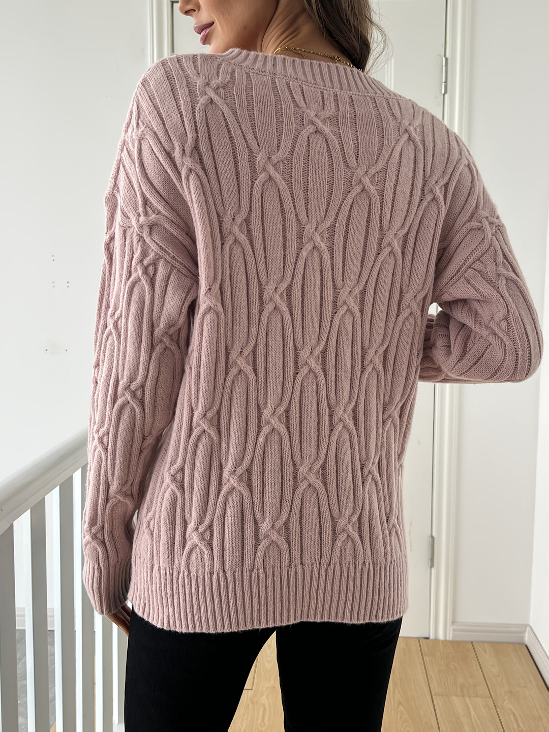 Women's Oversized V Neck Cable Aran Jumper 2