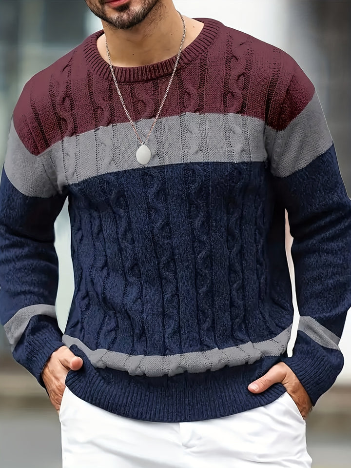Men's Three Tone Colour Block Cable Aran Jumper 6