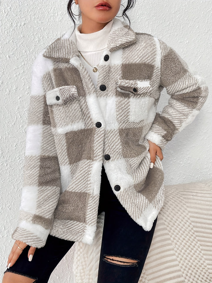 Women's Fluffy Plaid Button Up Fleece Shacket 9