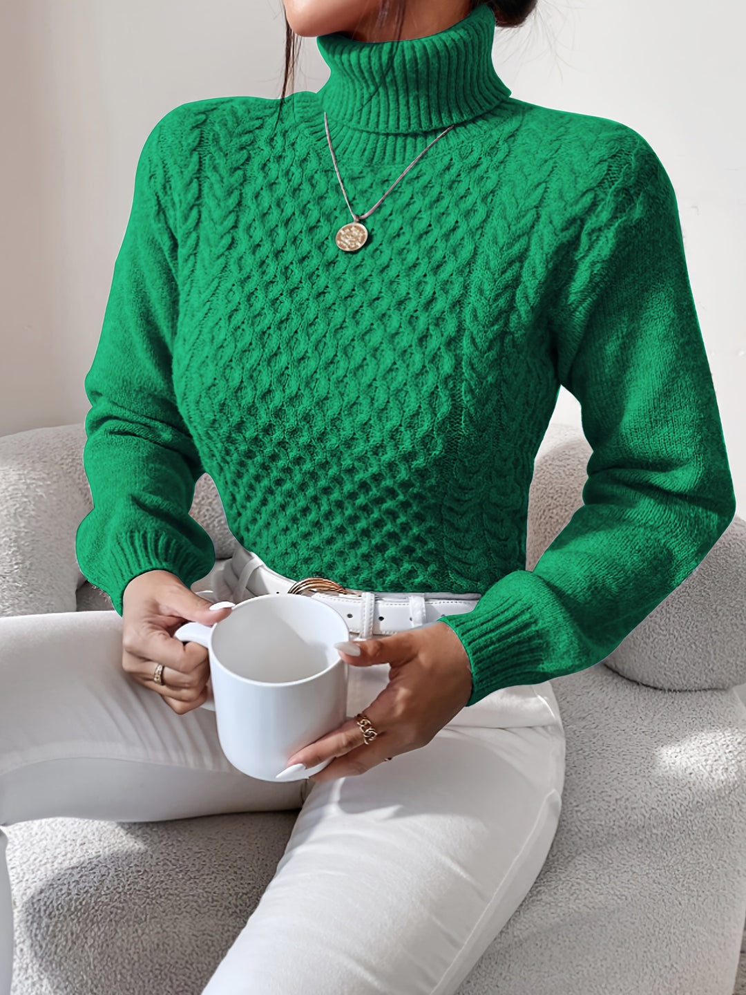 Women's Fitted Turtleneck Cable Aran Jumper 2