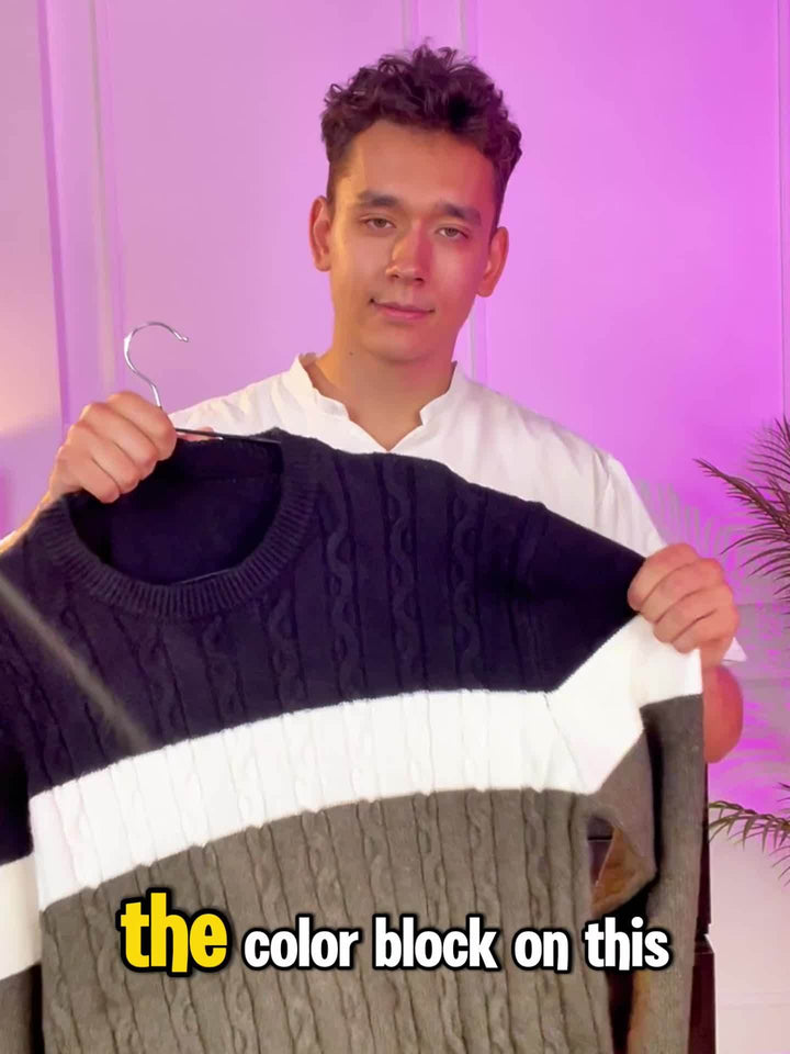 Men's Colour Block Cable Knit Aran Jumper 11