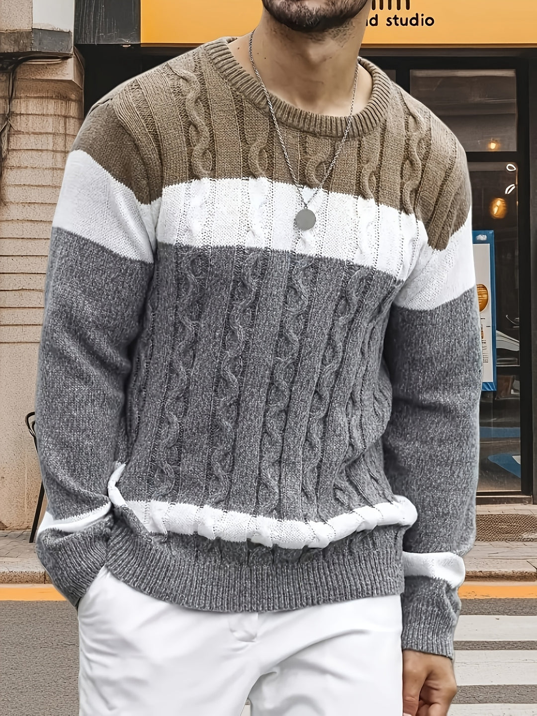 Men's Three Tone Colour Block Cable Aran Jumper 10