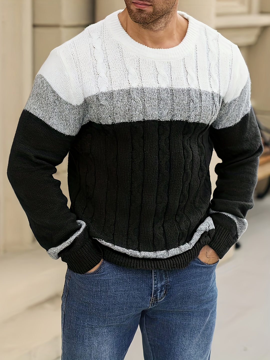 Men's Colour Block Cable Knit Aran Jumper 4