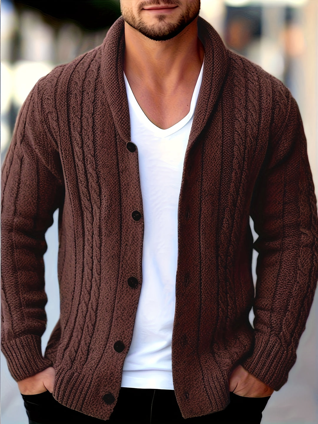 Men's Shawl Collar Button Up Cable Aran Cardigan 3
