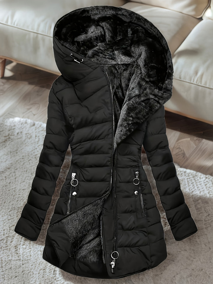 Women's Mid Length Fleece Lined Hooded Quilted Jacket 4