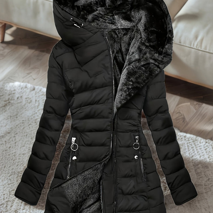 Women's Mid Length Fleece Lined Hooded Quilted Jacket 12