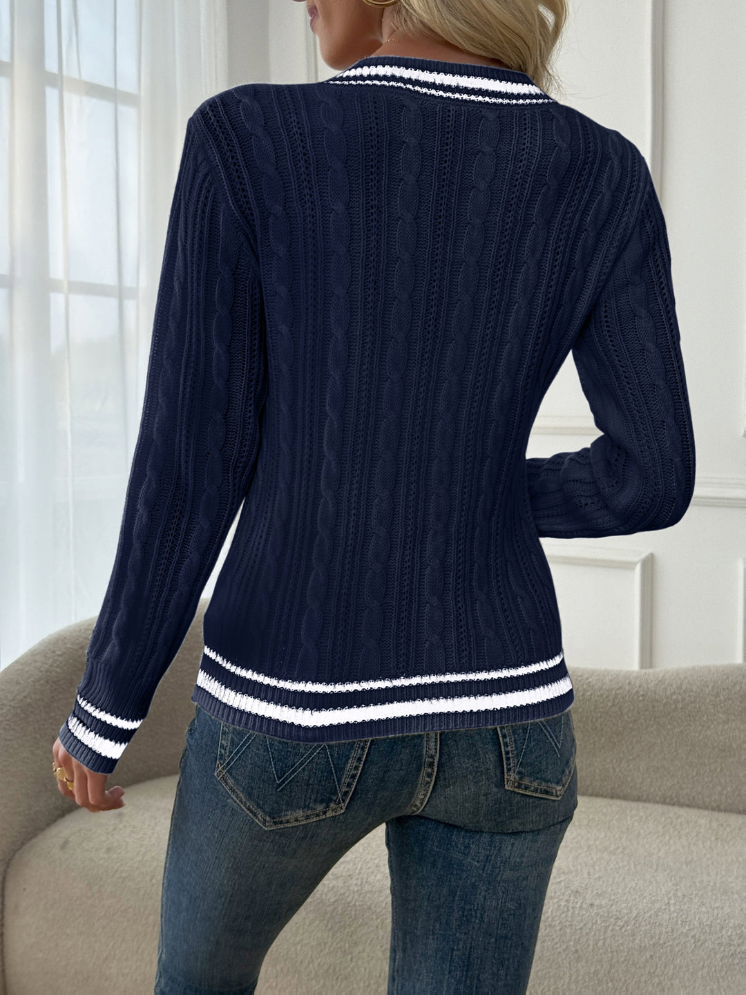 Women's Striped Trim V Neck Aran Jumper 9