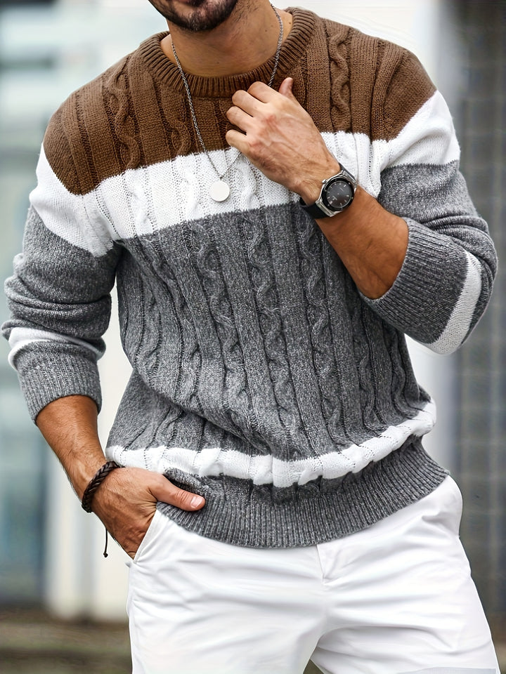 Men's Colour Block Cable Knit Aran Jumper 6