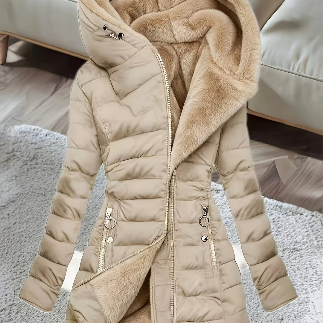 Women's Mid Length Fleece Lined Hooded Quilted Jacket 15