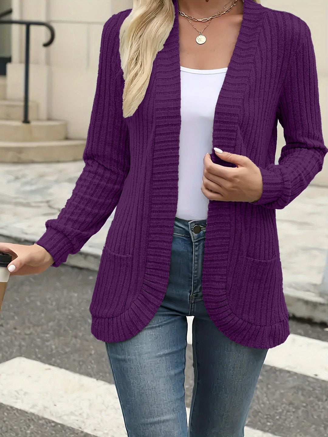 Women's Long Ribbed Knit Open Front Cardigan 9