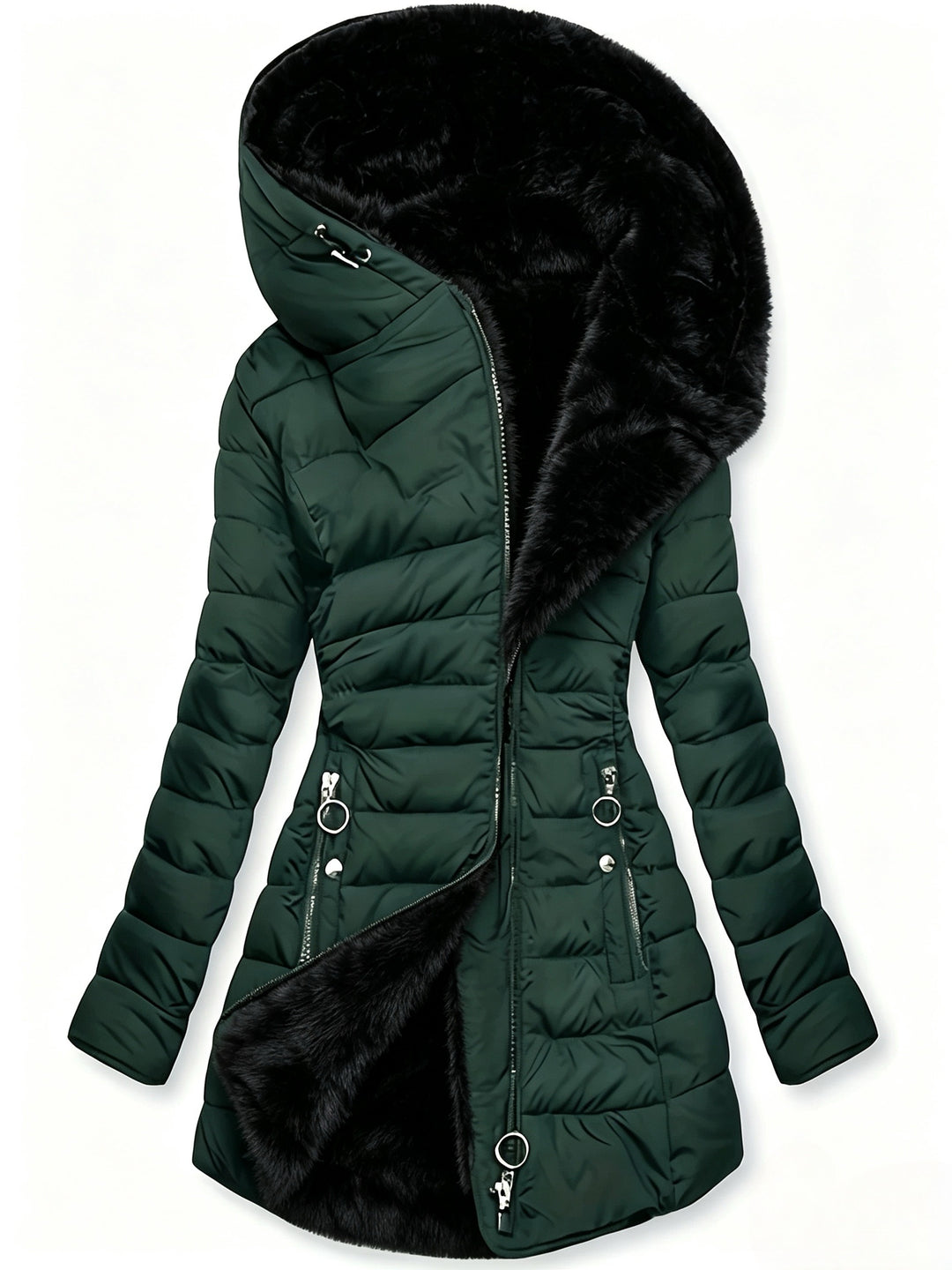 Women's Mid Length Fleece Lined Hooded Quilted Jacket 3
