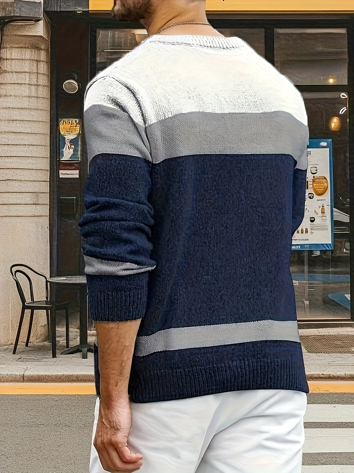 Men's Three Tone Colour Block Cable Aran Jumper 8