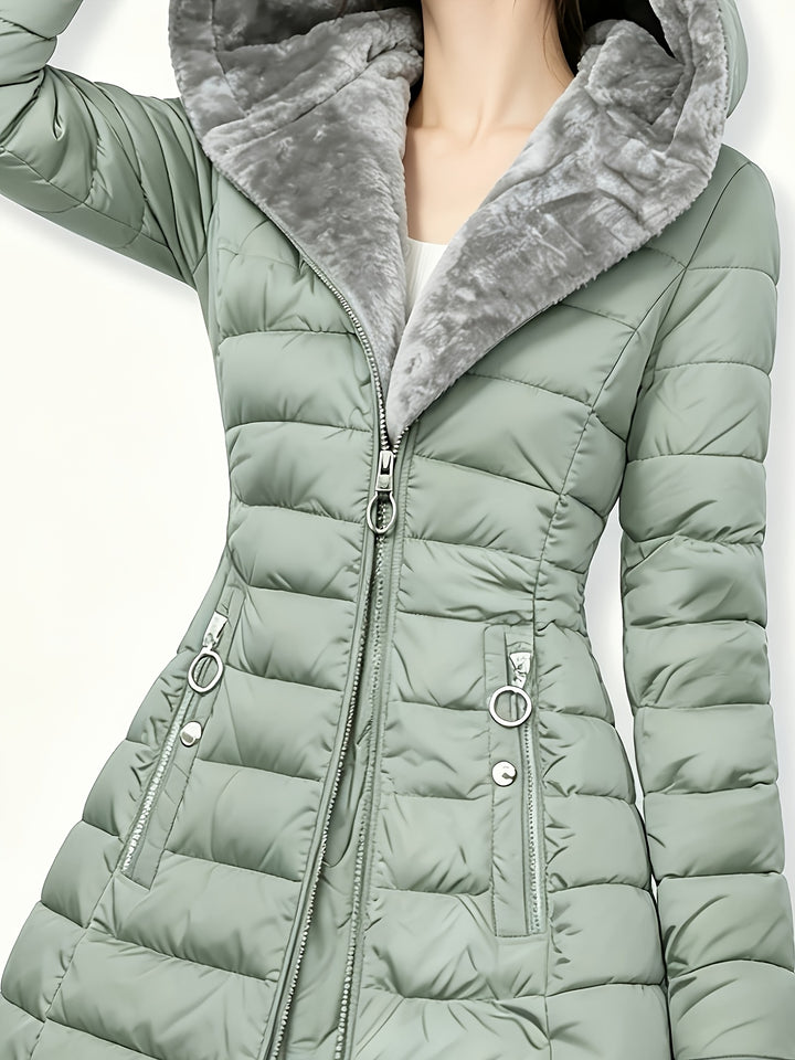 Women's Mid Length Fleece Lined Hooded Quilted Jacket 10