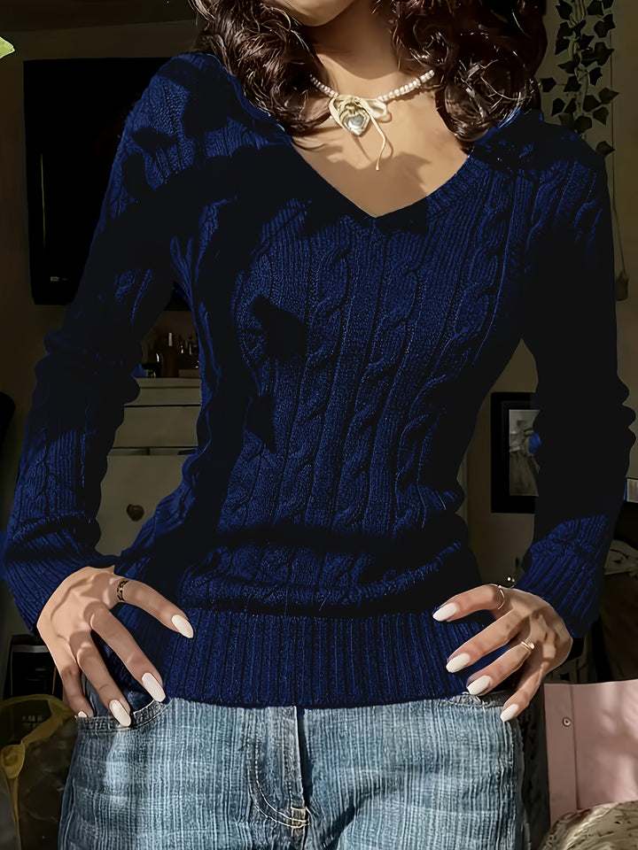 Women's Fitted V Neck Cable Aran Jumper 2