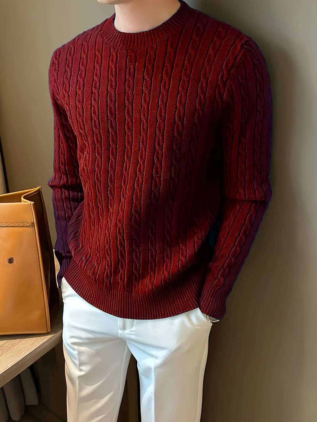 Men's Crew Neck Twisted Cable Aran Jumper 1