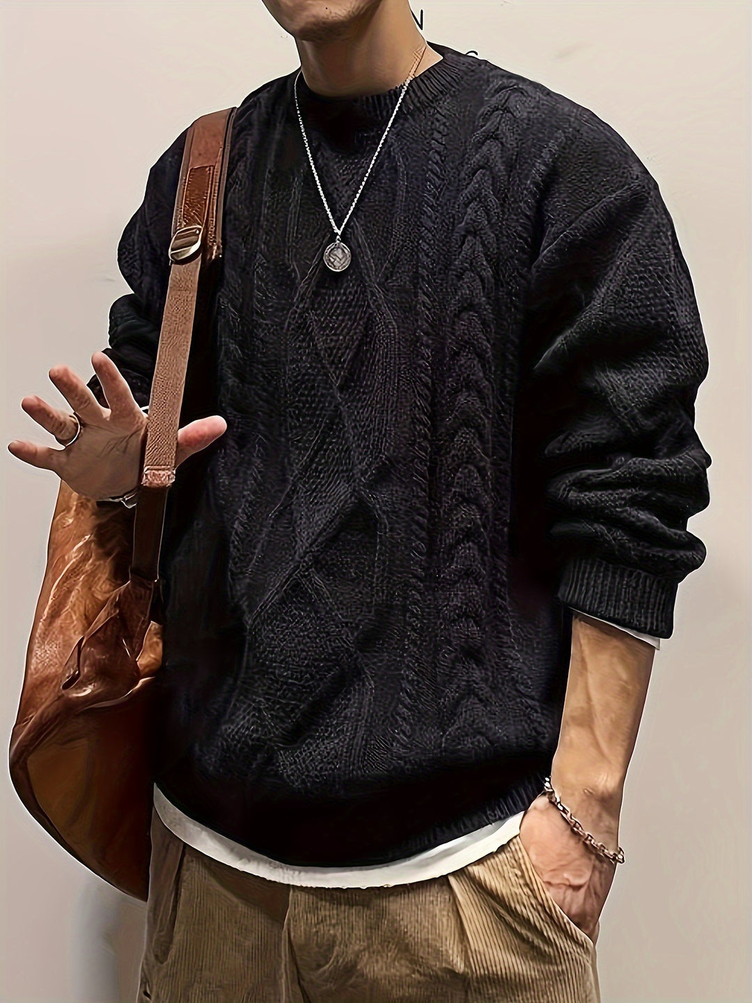Men's Crew Neck Chunky Cable Aran Jumper 3