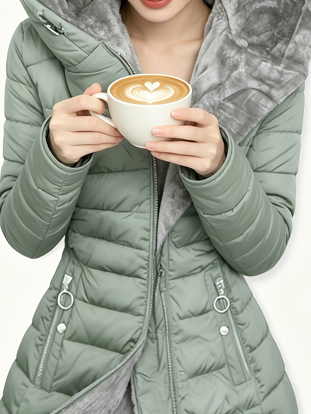 Women's Mid Length Fleece Lined Hooded Quilted Jacket 6