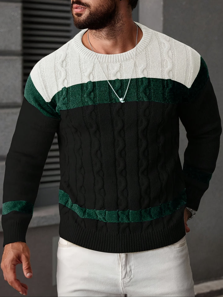 Men's Colour Block Crew Neck Cable Aran Jumper 5