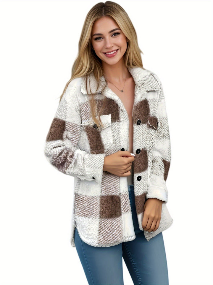 Women's Fluffy Plaid Button Up Fleece Shacket 10