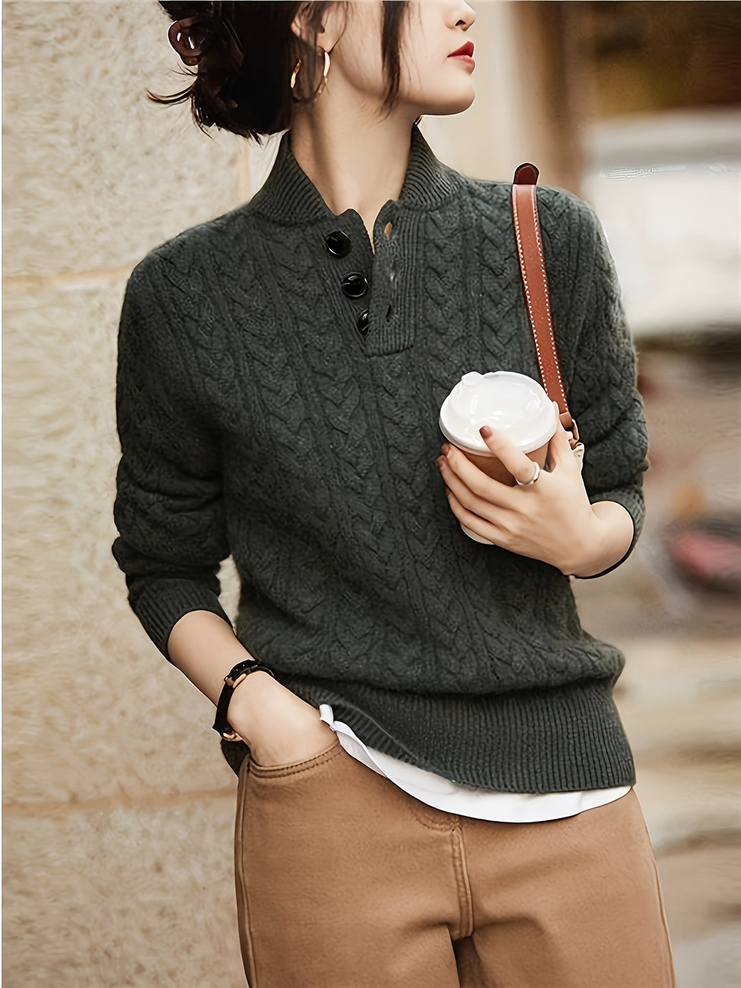 Women's Cable Knit Collared Aran Jumper 2