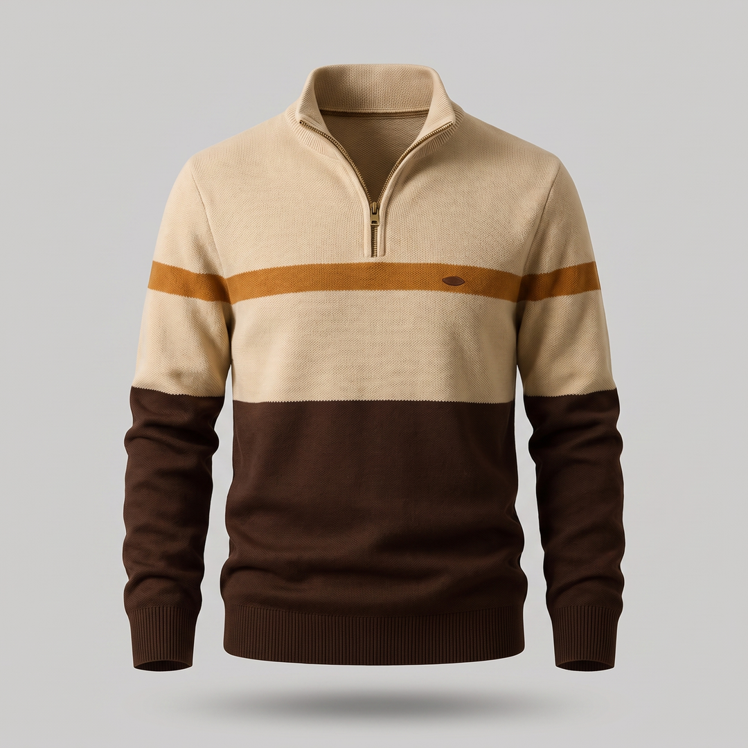Men's Colour Block Quarter Zip Jumper - Brown Cream