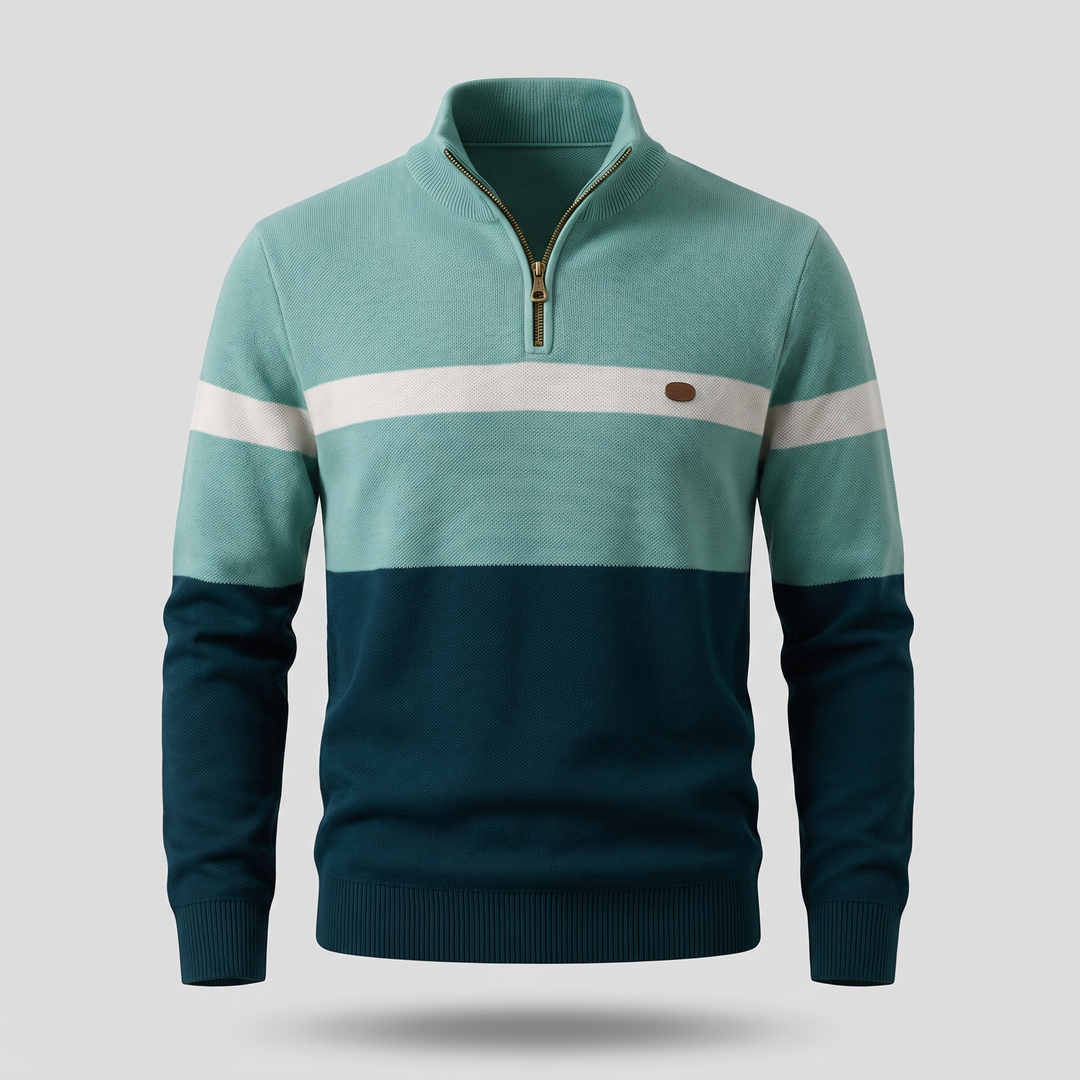 Men's Colour Block Quarter Zip Jumper - Green Navy