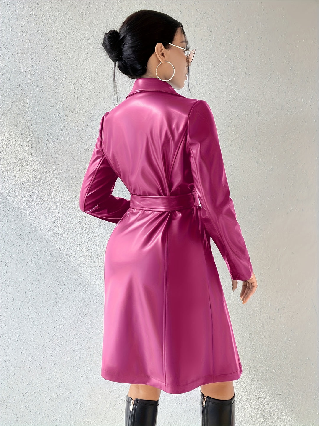 Women's Belted Lapel Collar Leather Look Trench Coat 10