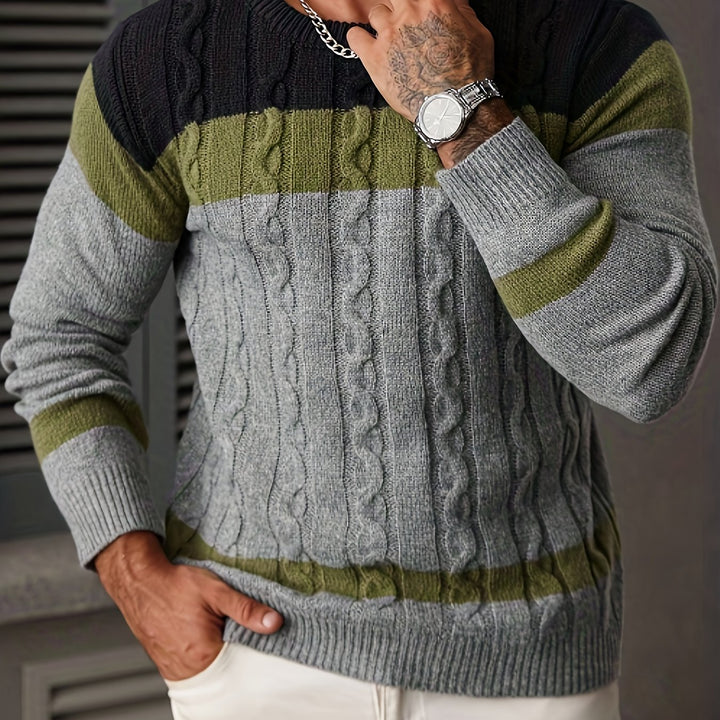 Men's Colour Block Cable Knit Aran Jumper 12