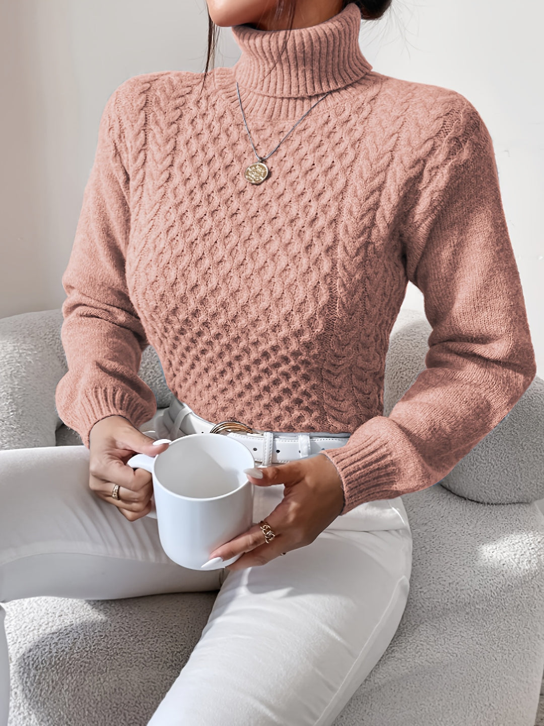 Women's Fitted Turtleneck Cable Aran Jumper 5