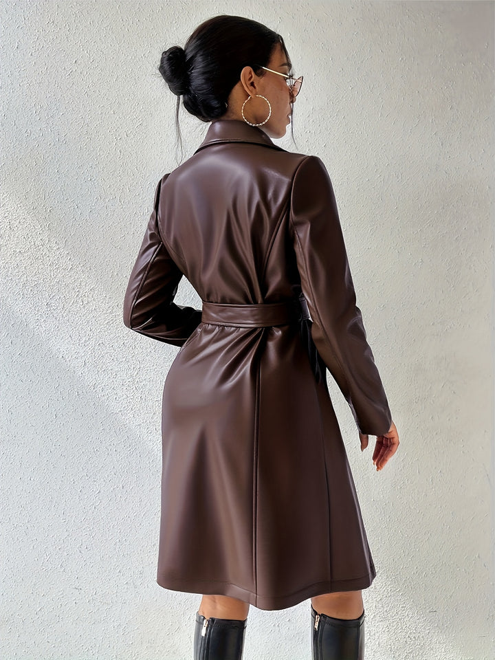 Women's Belted Lapel Collar Leather Look Trench Coat 7