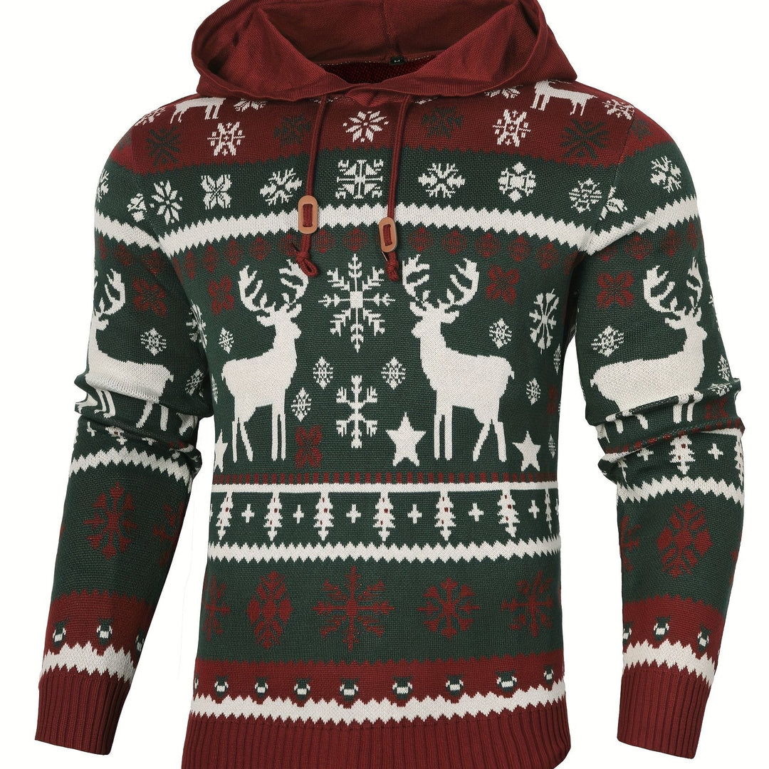 Men's Reindeer Knitted Christmas Hoodie - Green and Burgundy