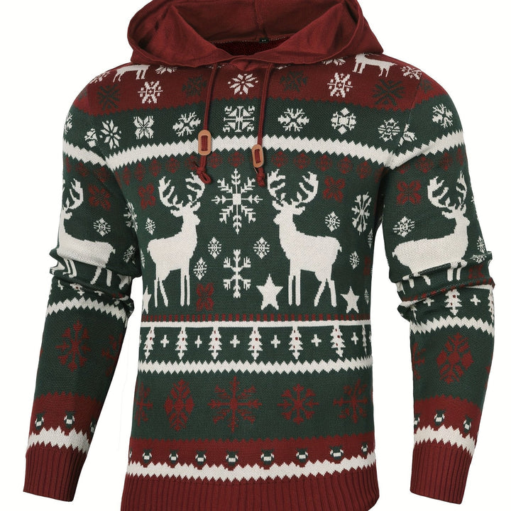 Men's Reindeer Knitted Christmas Hoodie - Green and Burgundy
