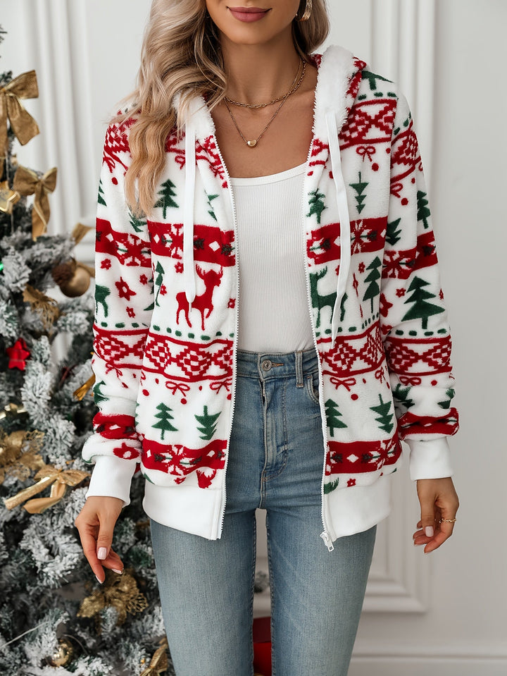 Women's Hooded Zip Up Christmas Cardigan - Red and Green