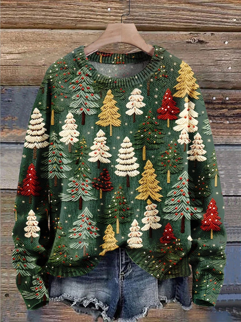 Unisex Tree Print Christmas Jumper - Dark Green