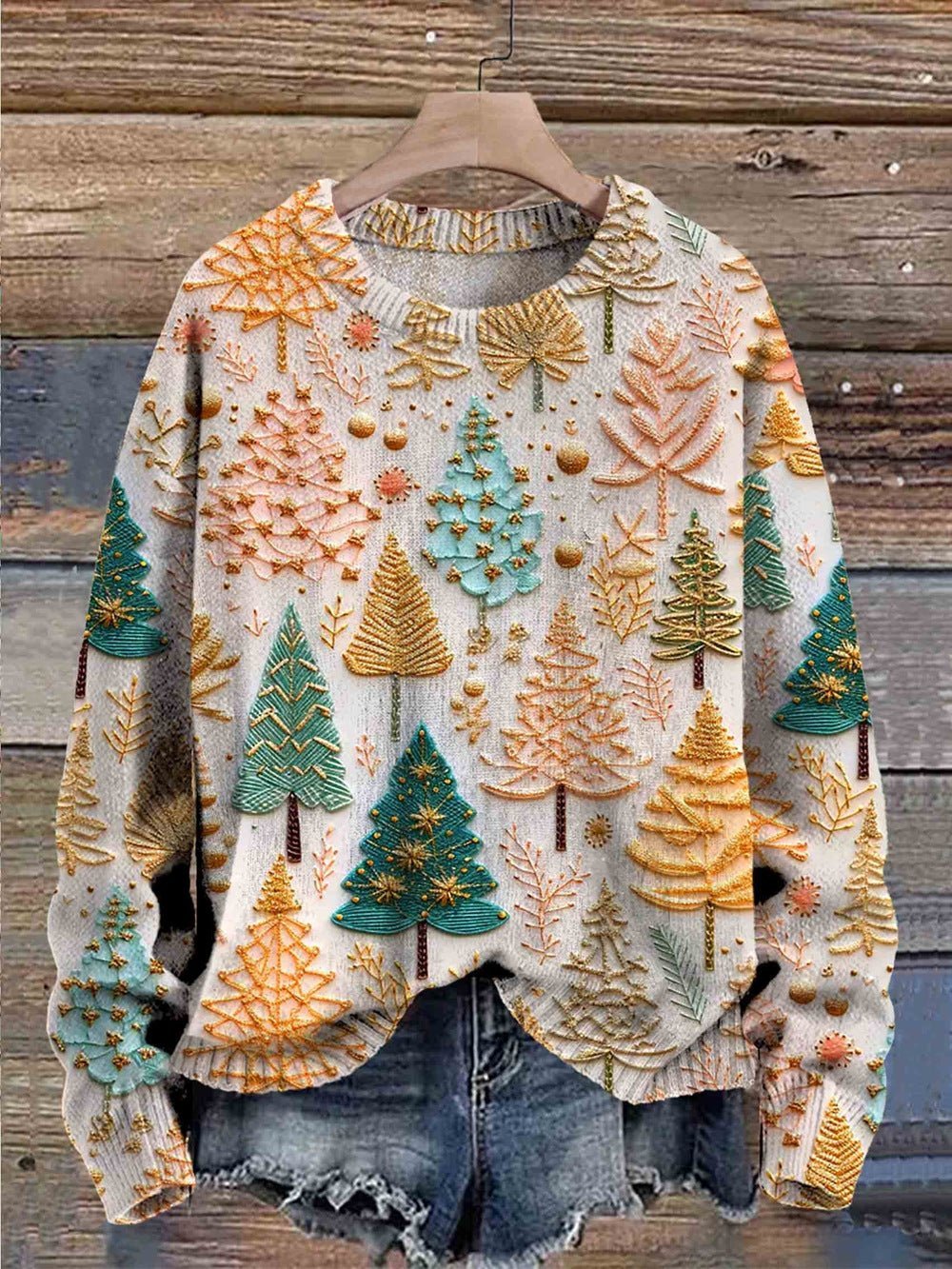 Unisex Tree Print Christmas Jumper - Beige