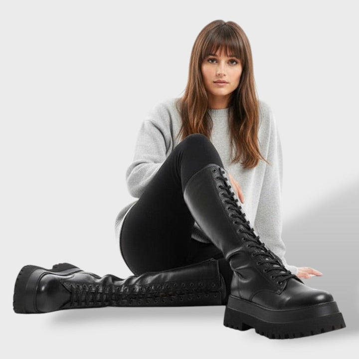 Women's Non-Slip Lace Up Knee High Boots - Black