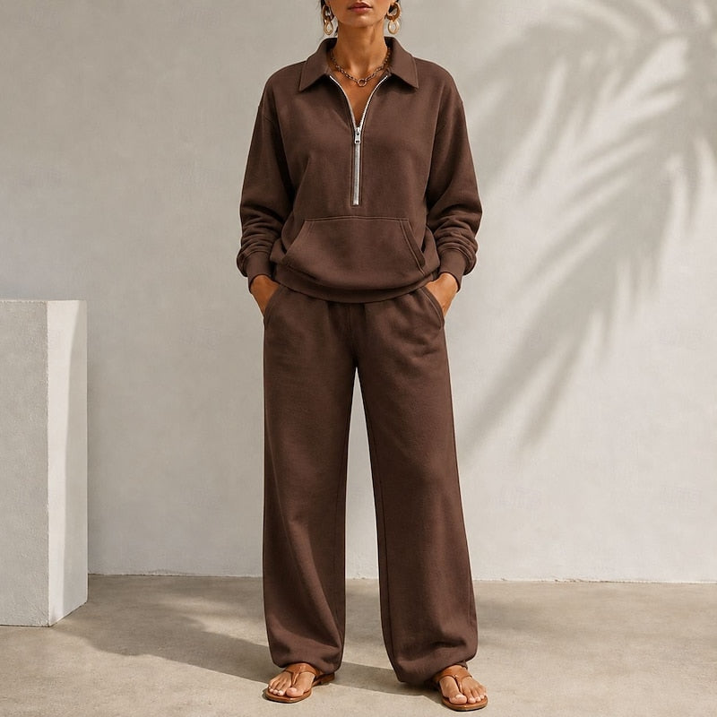 Women's Zip Collar Wide Leg Tracksuit Set 5