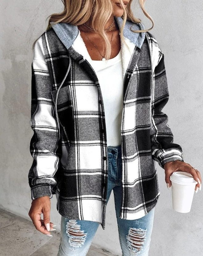 Women's Oversized Hooded Plaid Shirt Jacket 3