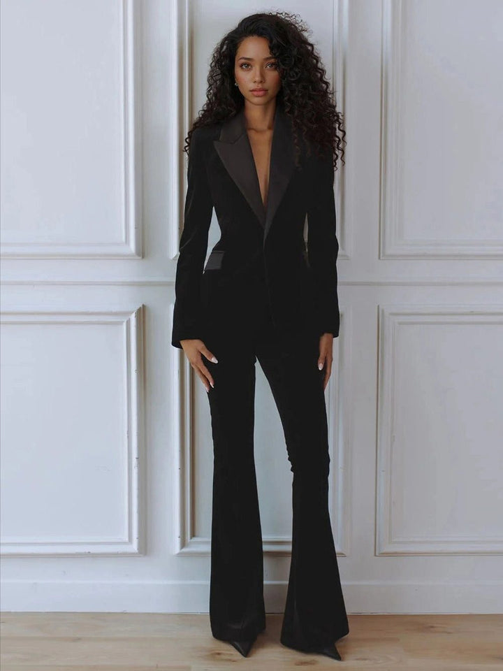 Women's Velvet Blazer Flared Trouser Suit Co Ord 6