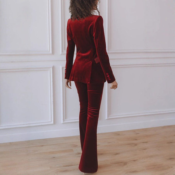 Women's Velvet Blazer Flared Trouser Suit Co Ord 3